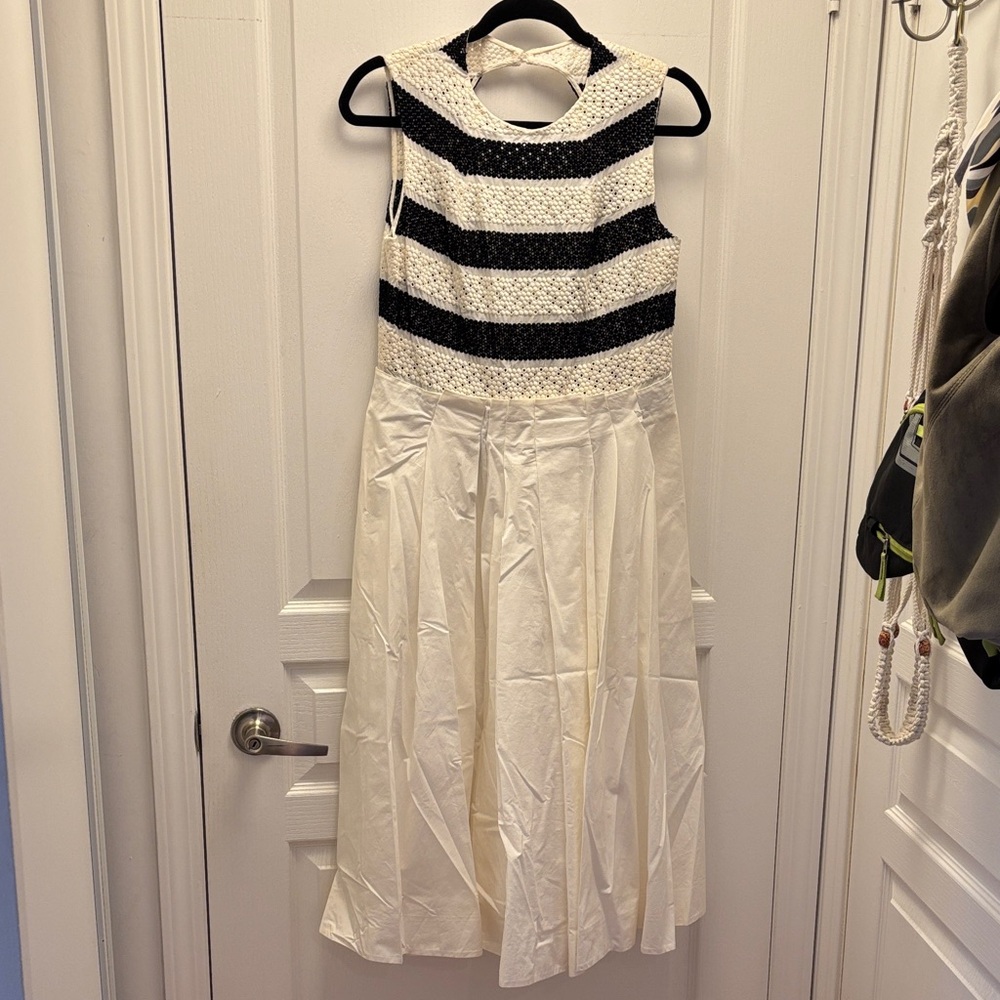 Ports 1961 Black and White Striped Bodice Midi Dress with White Skirt